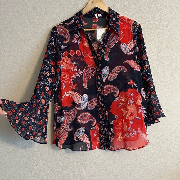 Boho Paisley Floral Bell Sleeve Sheer Blouse Sz M Retro Vintage Chic Fairytale - Picture 3 of 15